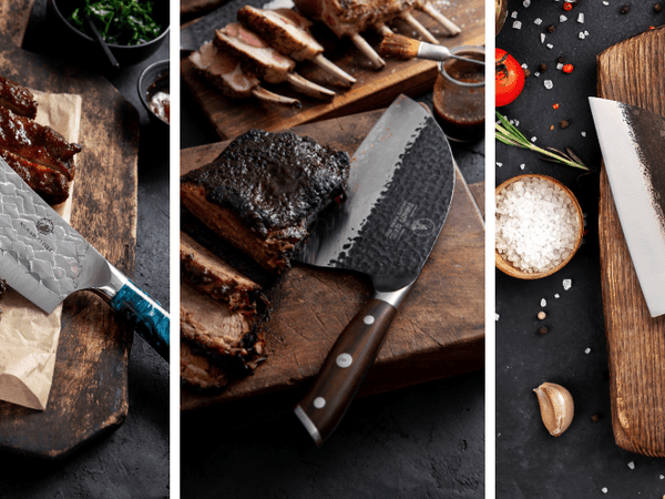 Cleaver knife: a hand-forged cleaver with a broad rectangular blade on a wooden board