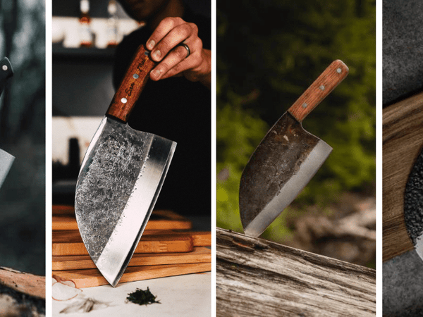 Hand-forged cleaver knives of different types laid out on a wooden board
