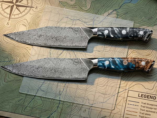 Hand-forged chef knife and utility knife laid out for outdoor cooking at a campsite