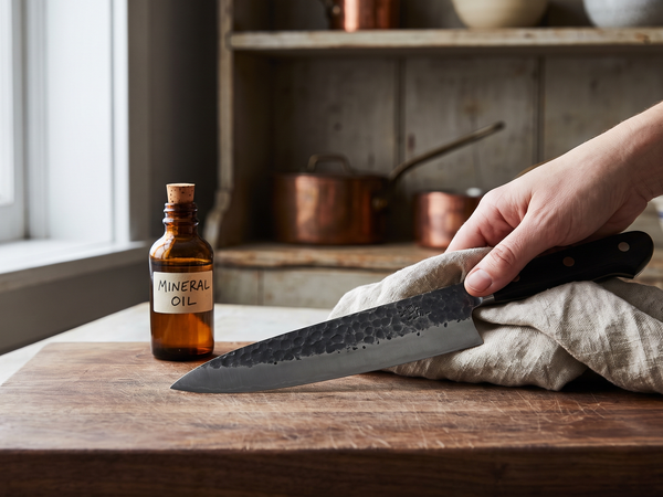 Caring for a carbon steel knife: drying a hand-forged high carbon blade with a linen cloth beside a bottle of mineral oil