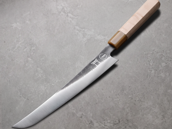 Sujihiki-style slicing knife: the Torii 10-inch Sakimaru, a long narrow hand-forged 7Cr17MoV blade
