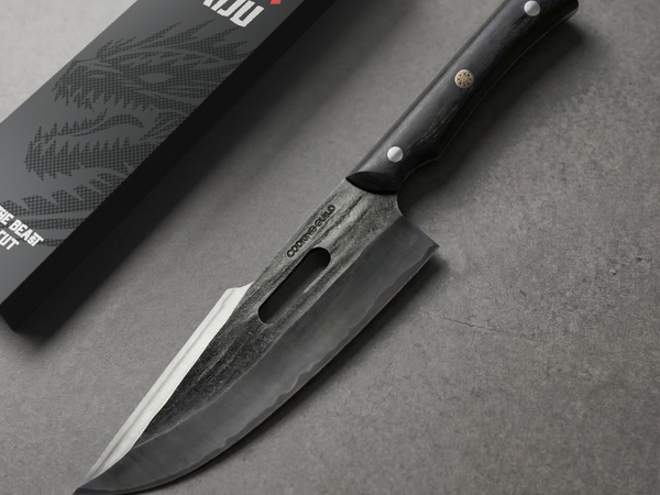 A laminated San Mai chef knife blade, the clad-core construction almost always used for Aogami Super steel