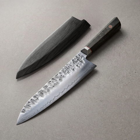 Bara Forge 8-inch chef knife with layered forged steel blade and stabilized burl wood handle