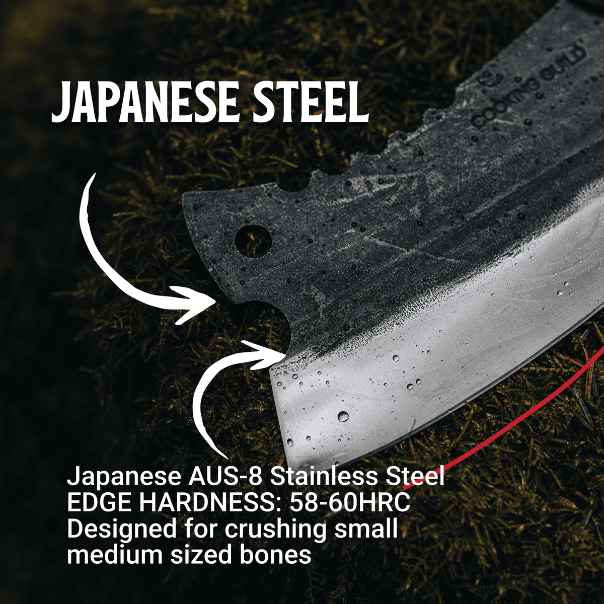 Bone Crusher cleaver thick chopping heel shown in close detail