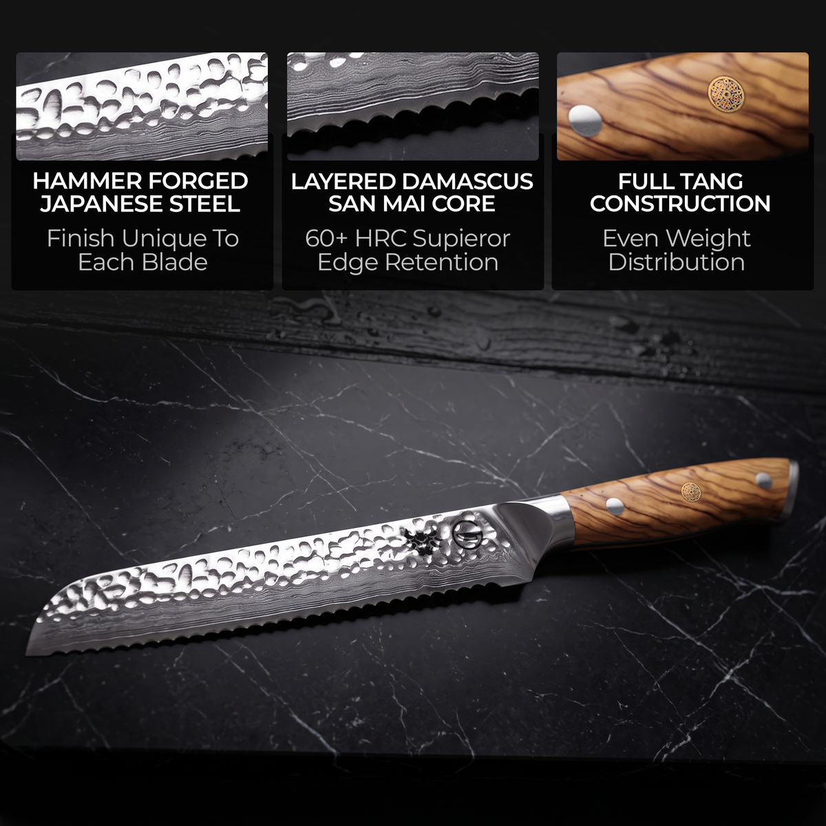 Serrated edge of the 8-inch Damascus bread knife, cobalt-enriched core at 60 HRC