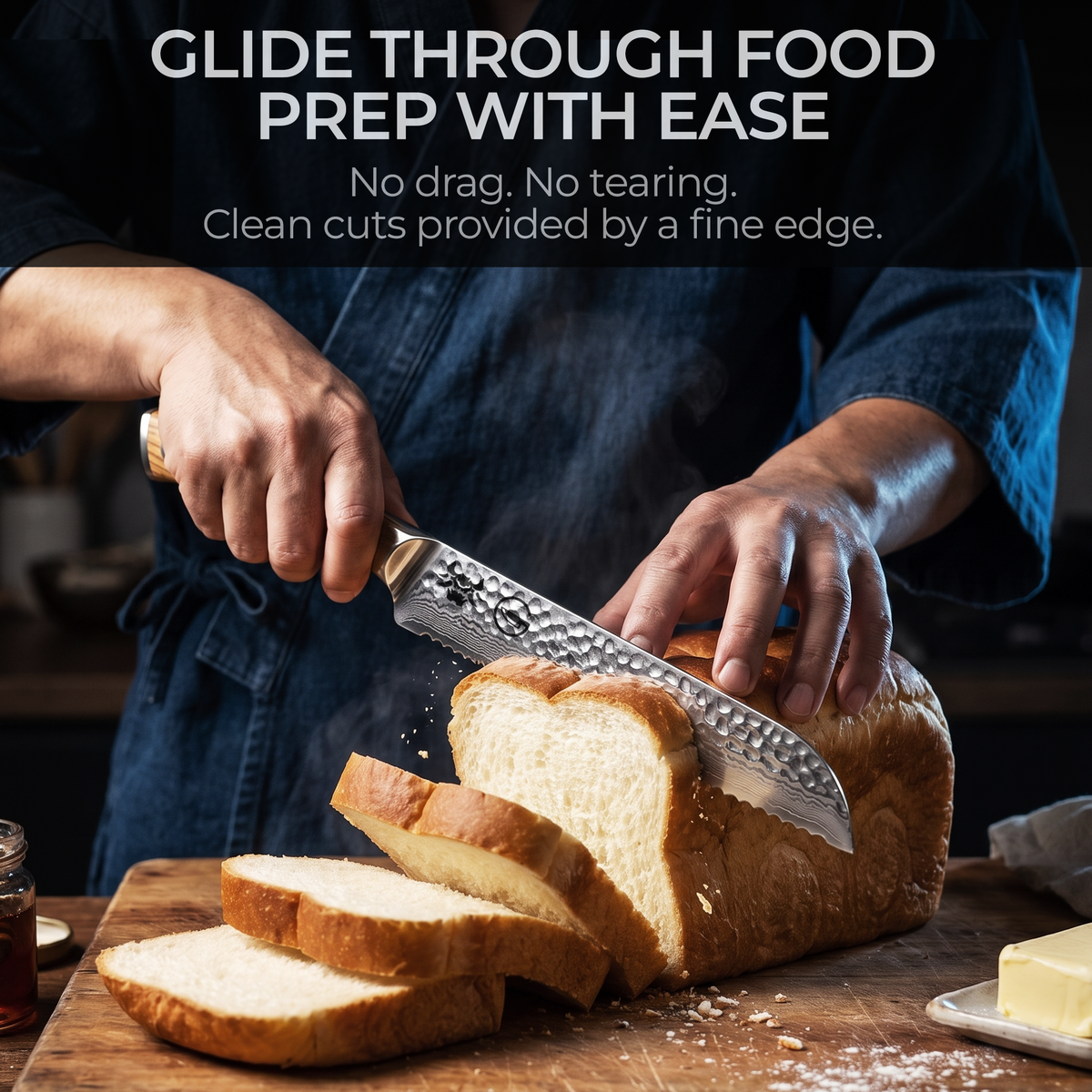 Silver Dynasty 8 inch bread knife slicing a loaf, glide through food prep with ease