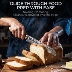 Silver Dynasty 8 inch bread knife slicing a loaf, glide through food prep with ease