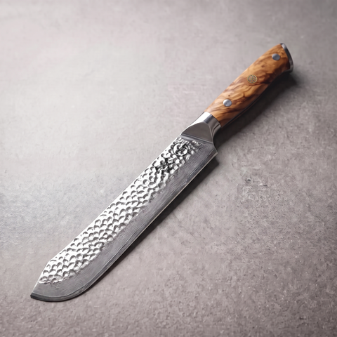 Silver Dynasty 9.5-inch butcher knife with a 67-layer Damascus blade and olive wood burl handle