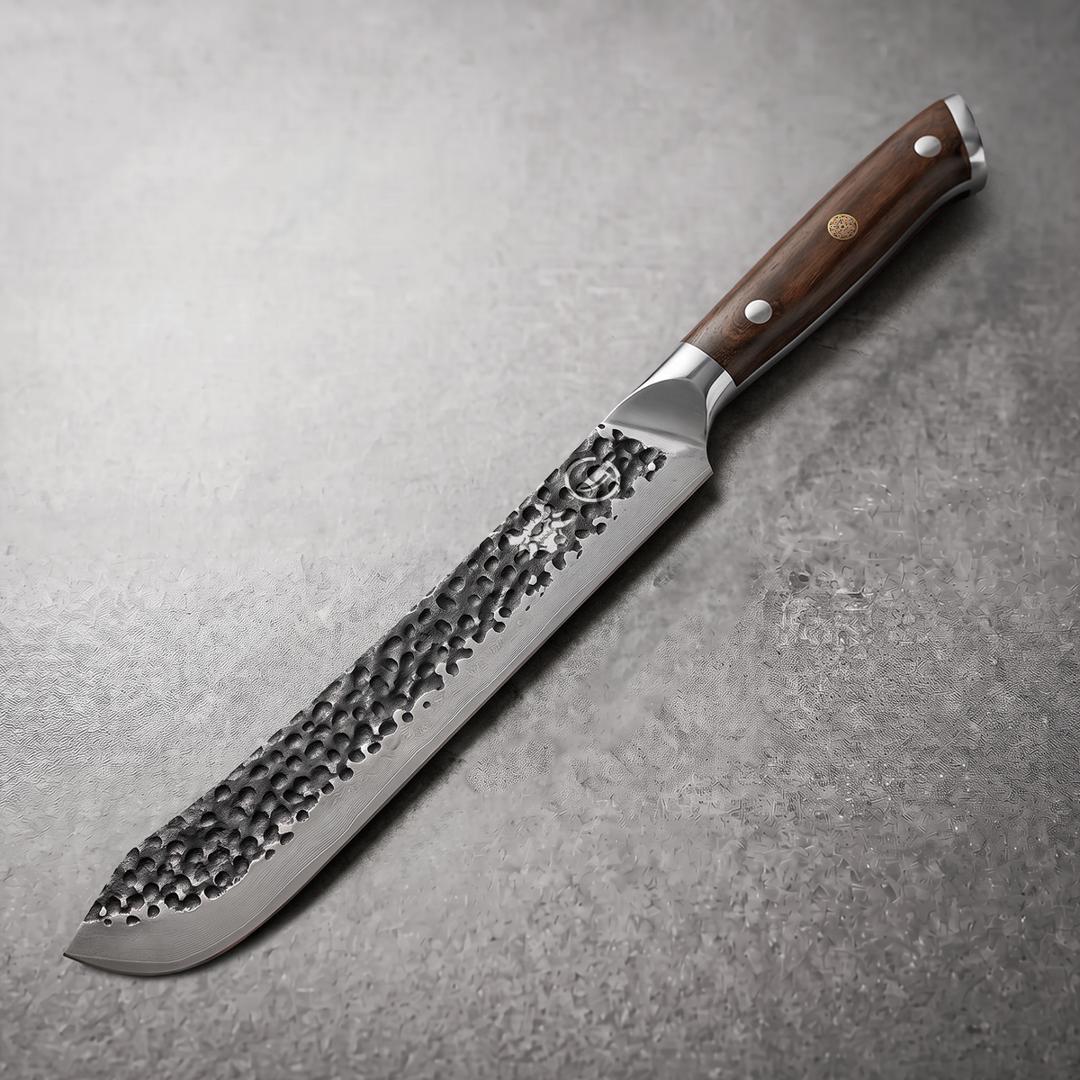 Damascus Dynasty 9.5-inch butcher knife in black forged 67-layer Damascus with a black walnut handle