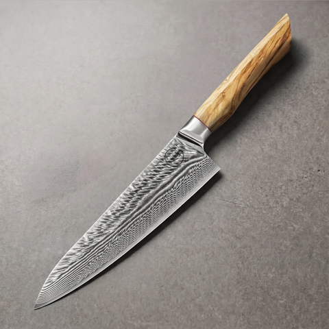 Feather Forge 8-inch chef knife with 73-layer feather Damascus blade and olive burl handle