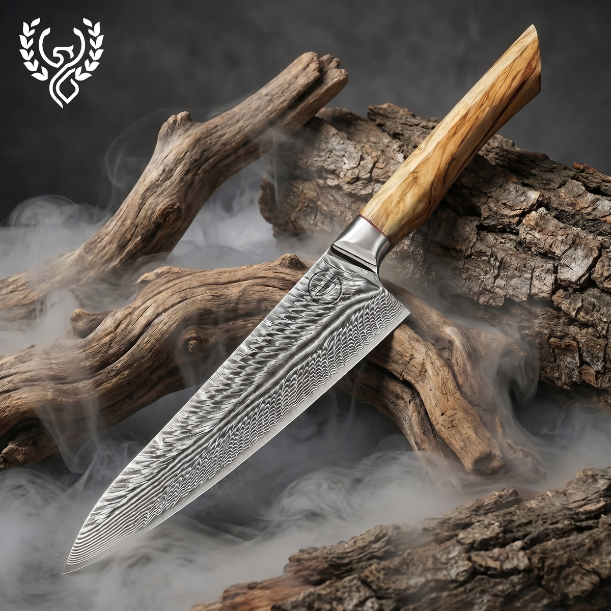 Feather Forge 8 inch chef knife on driftwood