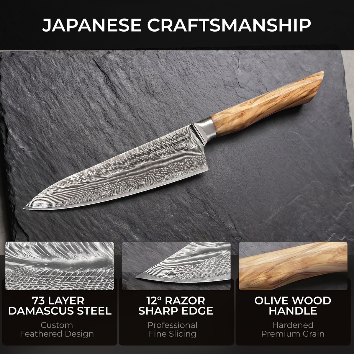 Feather Forge Japanese craftsmanship: 73 layer Damascus steel, 12 degree razor sharp edge, olive wood handle