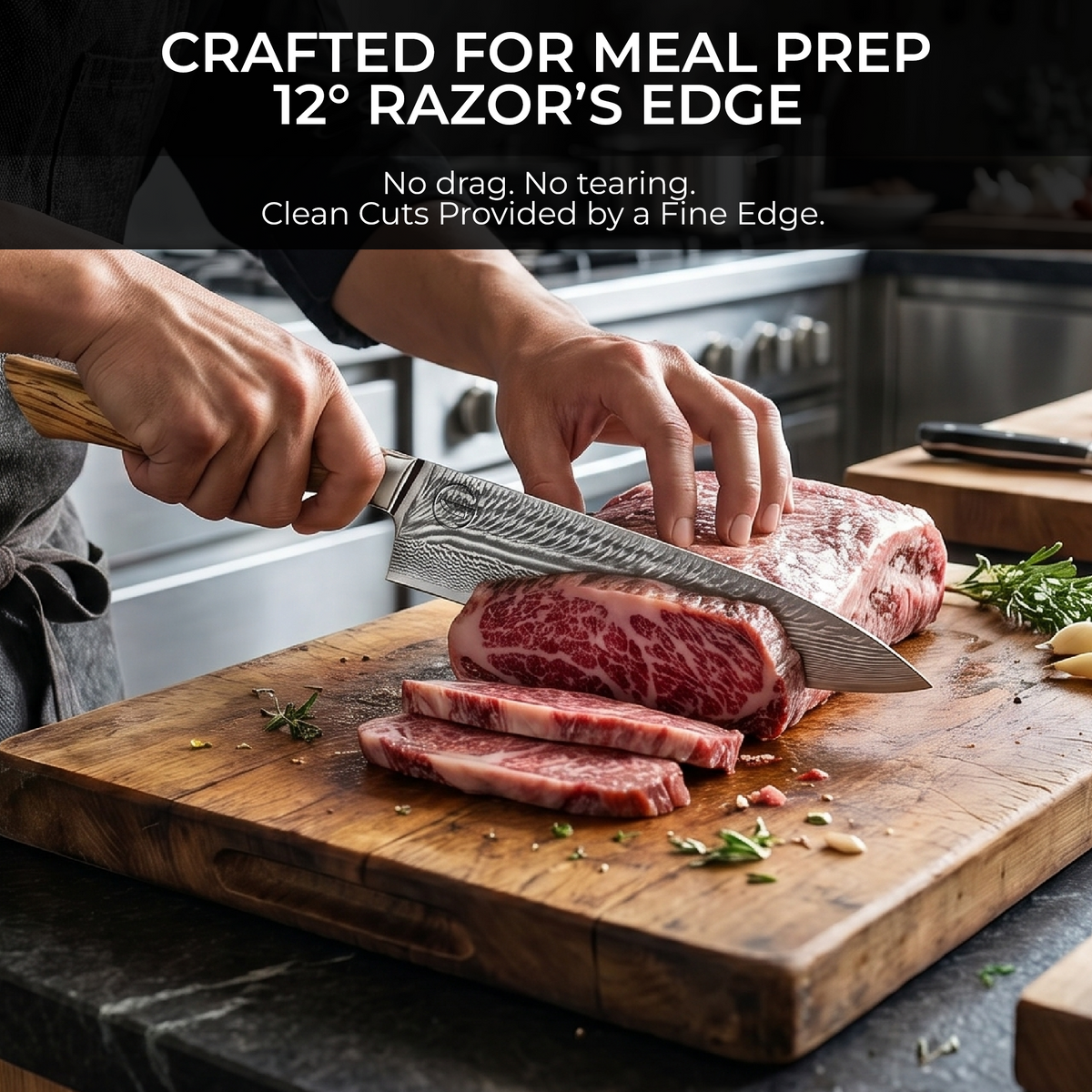 Feather Forge 8 inch chef knife slicing steak on a board, crafted for meal prep with a 12 degree razor edge
