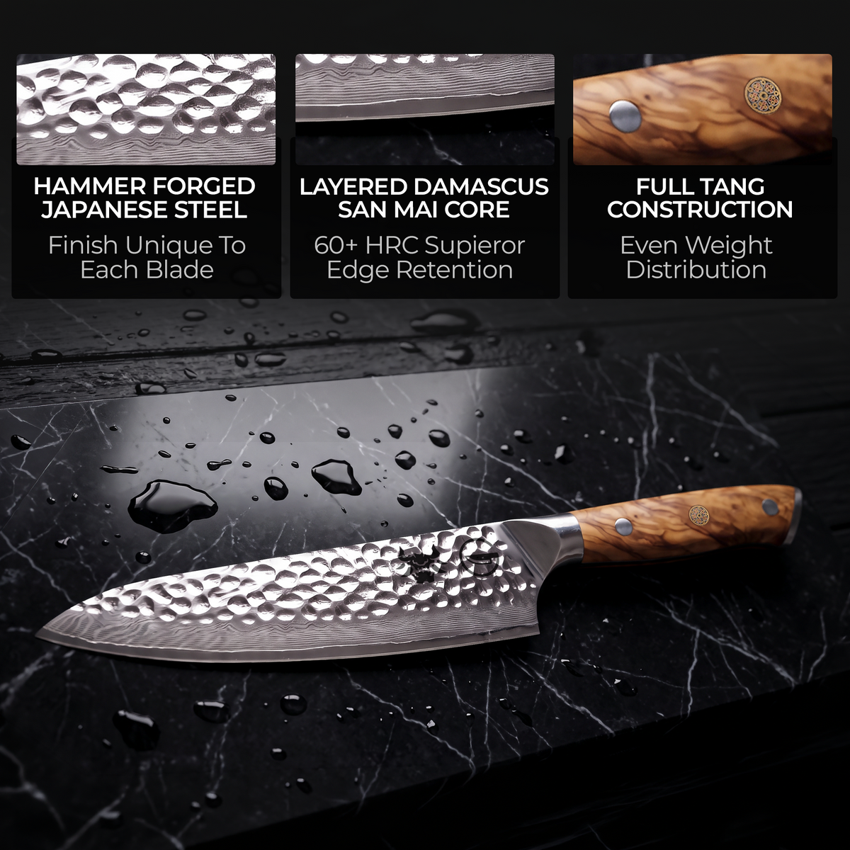 Silver Dynasty chef knife features: mirror-polished Damascus, layered Damascus steel and full tang construction