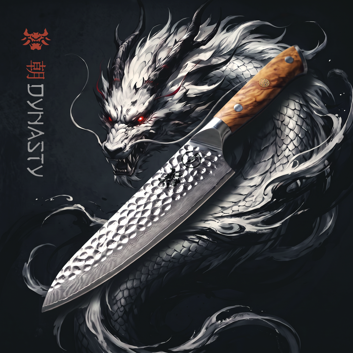 Silver Dynasty 8 inch chef knife with dragon artwork