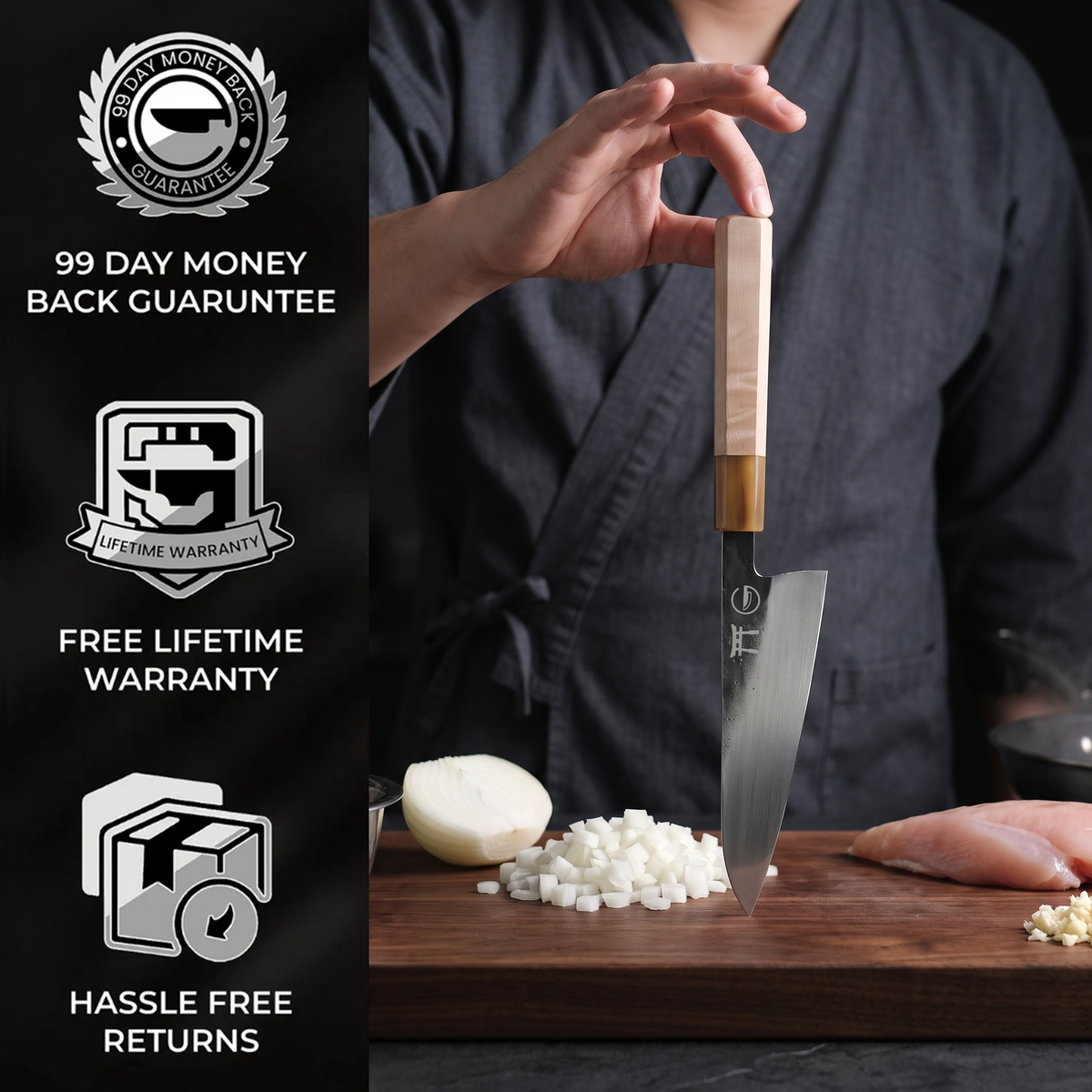 Torii 7-inch chef knife with octagonal maple wa-handle, hand-forged high carbon steel