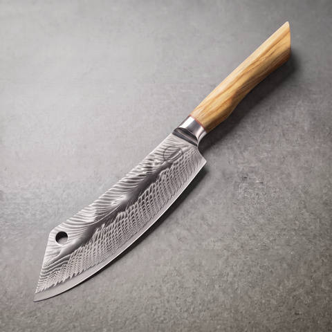Feather Forge 8-inch cleaver, 73-layer feather Damascus blade with olive wood handle