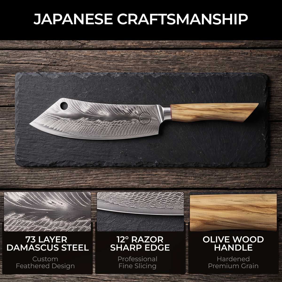 Close view of the hand-forged 73-layer feather Damascus cladding on the Feather Forge cleaver