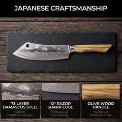 Close view of the hand-forged 73-layer feather Damascus cladding on the Feather Forge cleaver