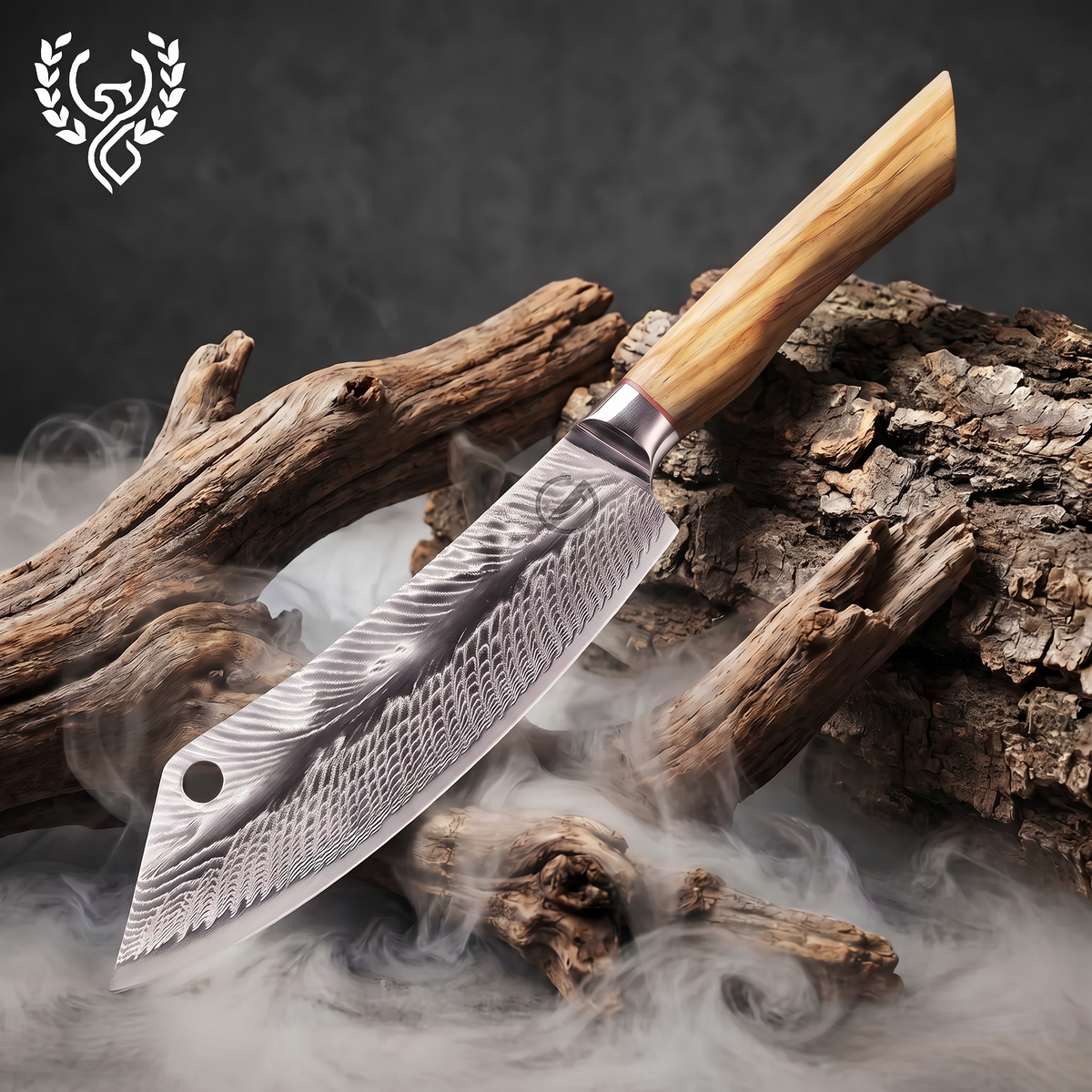 Feather Forge 8-inch cleaver blade laid flat, feather Damascus pattern across the tall face