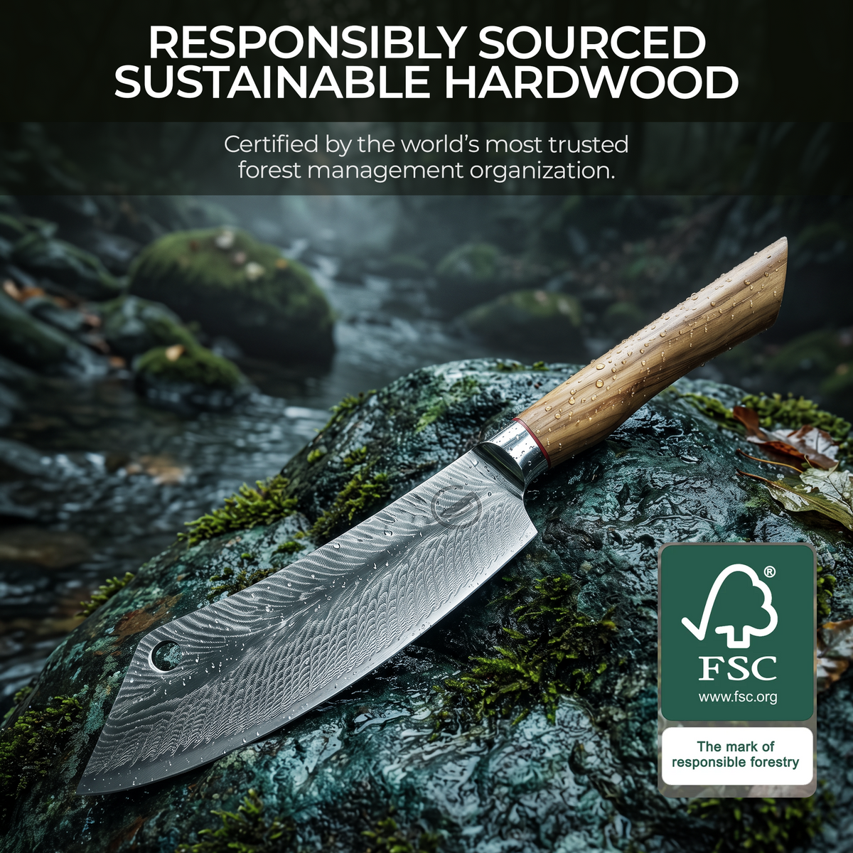Feather Forge cleaver with responsibly sourced sustainable olive wood handle, FSC certified