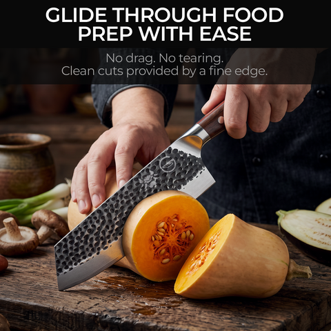 Damascus Dynasty cleaver blade face showing the hand-hammered black forged finish