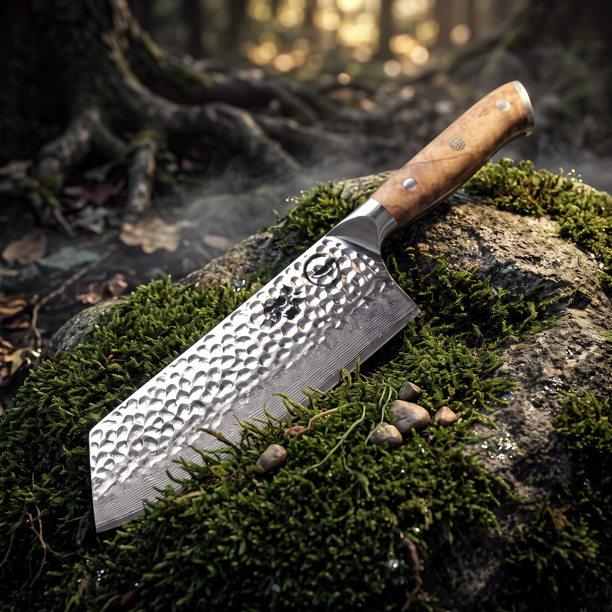 Hand-hammered finish across the tall blade face of the Silver Dynasty 7.5-inch cleaver