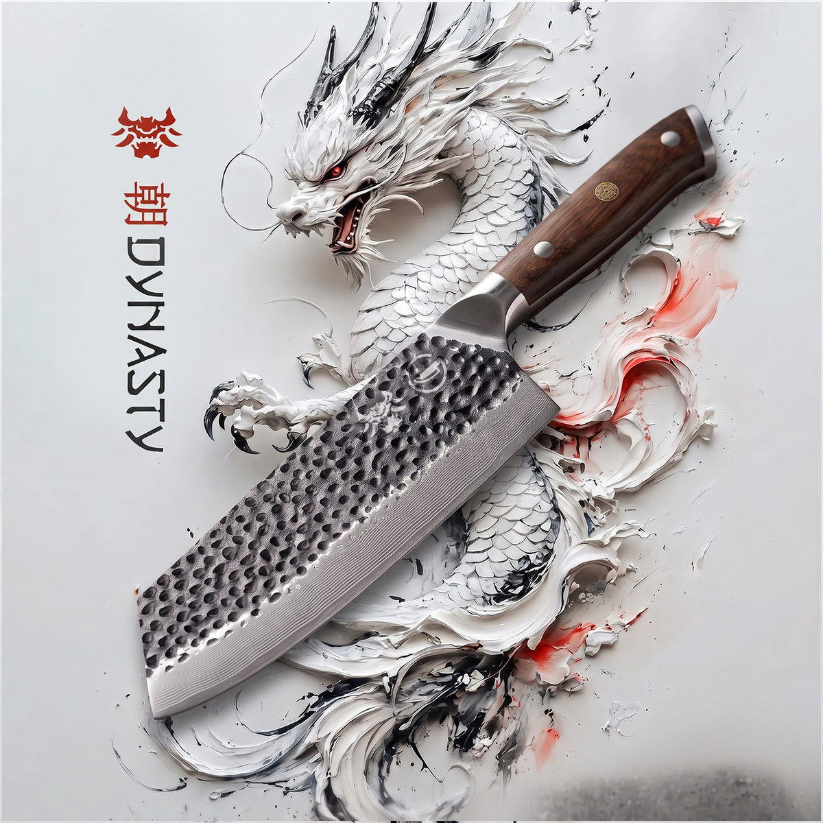 Damascus Dynasty black forged cleaver shown against dense kitchen prep