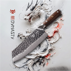 Damascus Dynasty black forged cleaver shown against dense kitchen prep