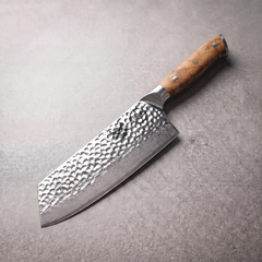 Silver Dynasty 7.5-inch hand-hammered cleaver, 67-layer Damascus with olive wood burl handle