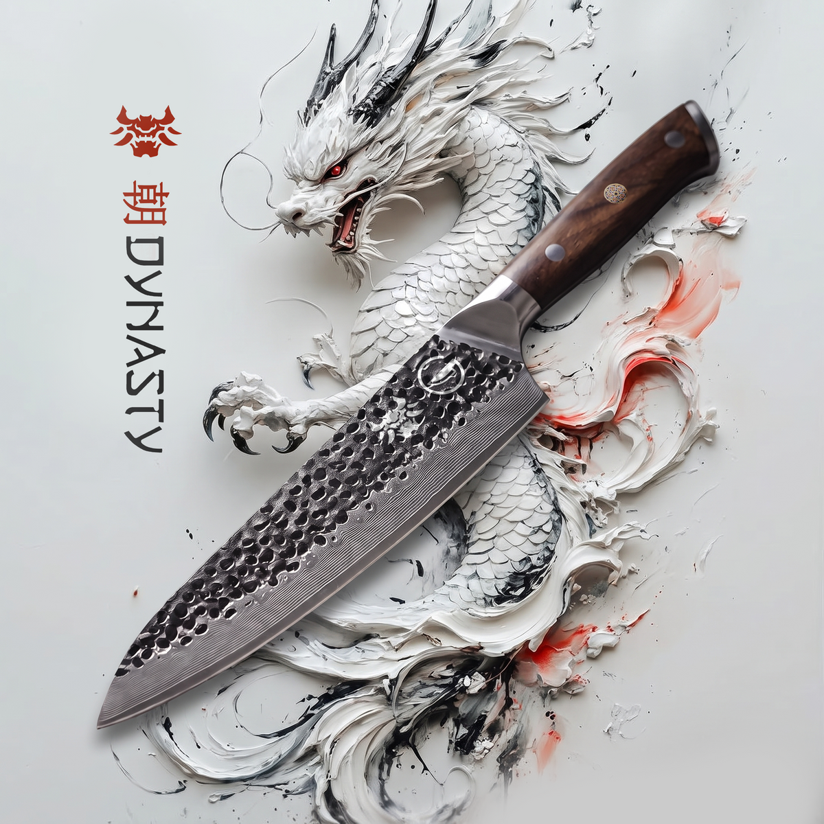 Damascus Dynasty 8-inch chef knife slicing on a board, 67-layer Damascus chef knife in use