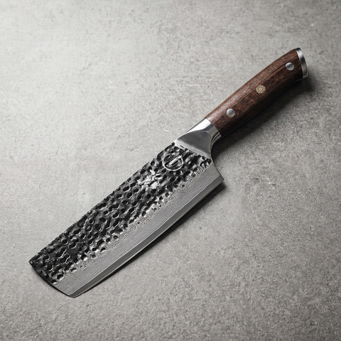 Damascus Dynasty 7 inch nakiri vegetable knife, black forged 67-layer Damascus with a black walnut handle