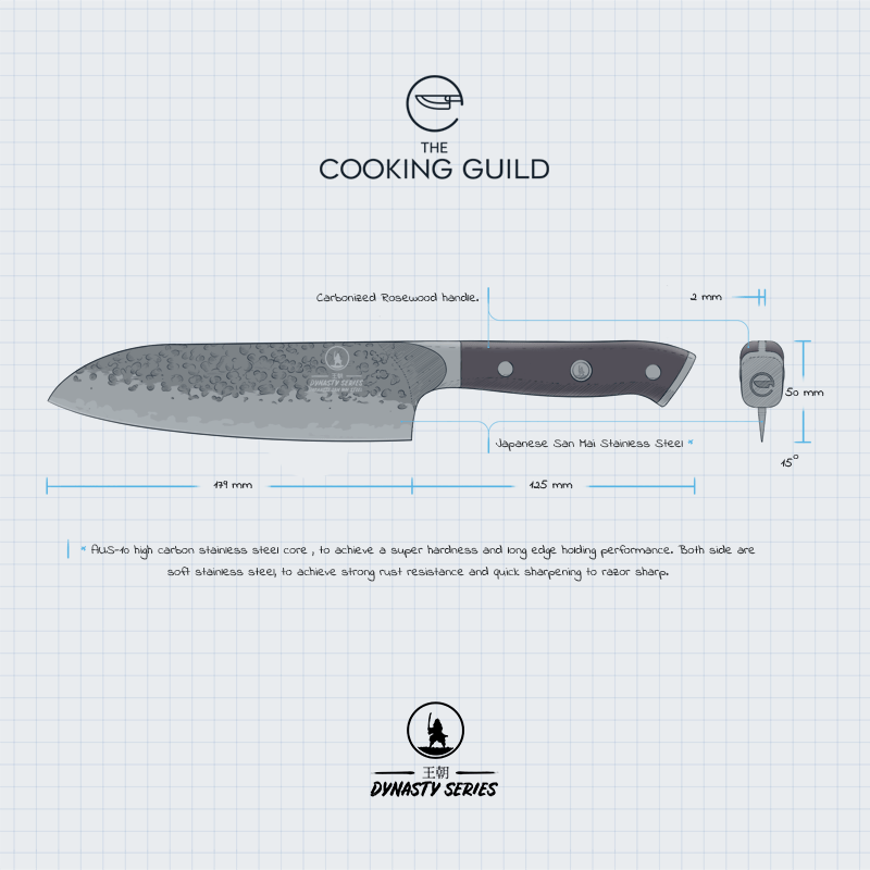 Dynasty Series santoku knife size chart - blade length and full tang rosewood handle dimensions