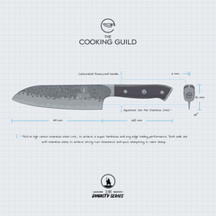 Dynasty Series santoku knife size chart - blade length and full tang rosewood handle dimensions