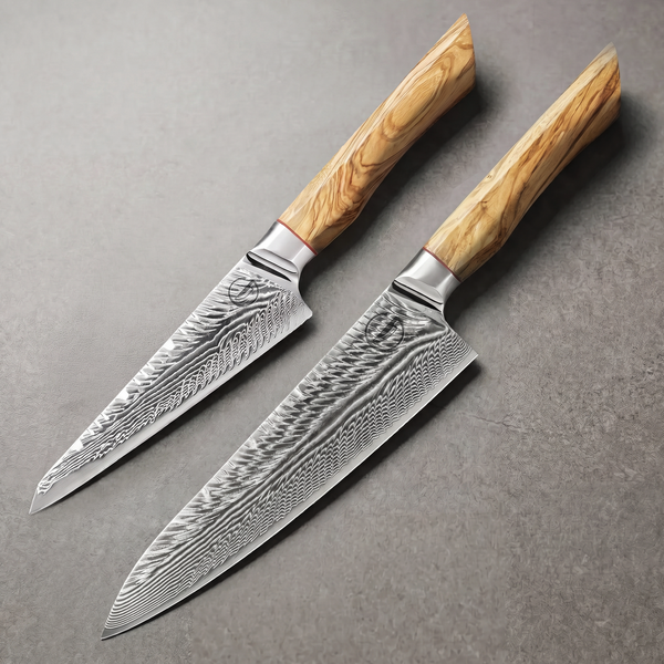 Feather Forge Core Duo two piece Damascus knife set: 8 inch chef knife and 6 inch utility knife