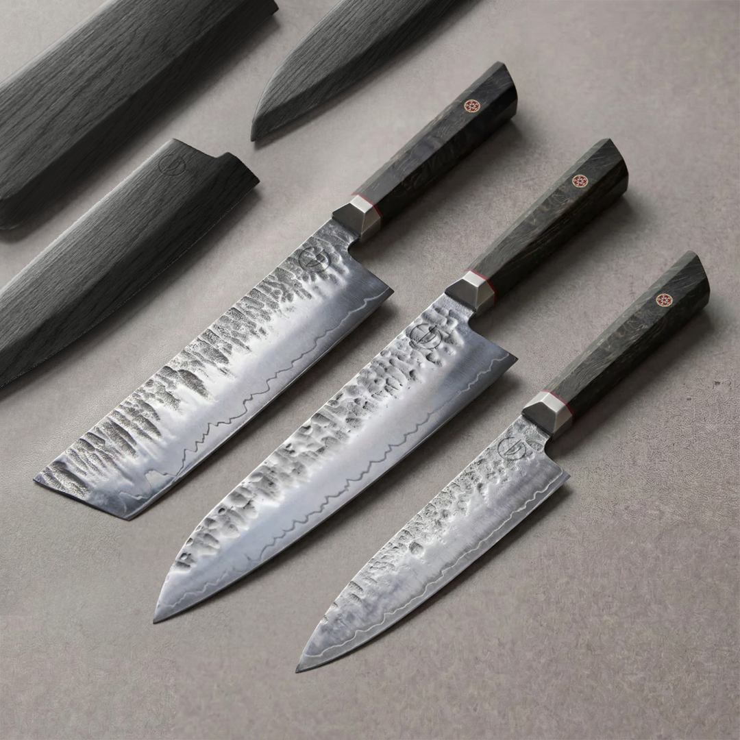 Bara Forge Trinity Set: 3 piece forged knife set with 8 inch chef, 7 inch nakiri and 6 inch utility knives