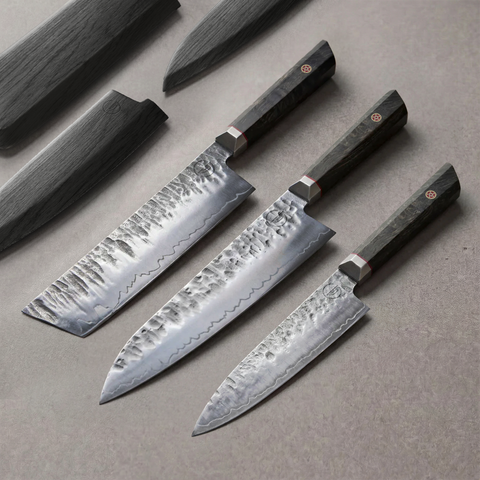 Bara Forge Trinity Set: 3 piece forged knife set with 8 inch chef, 7 inch nakiri and 6 inch utility knives