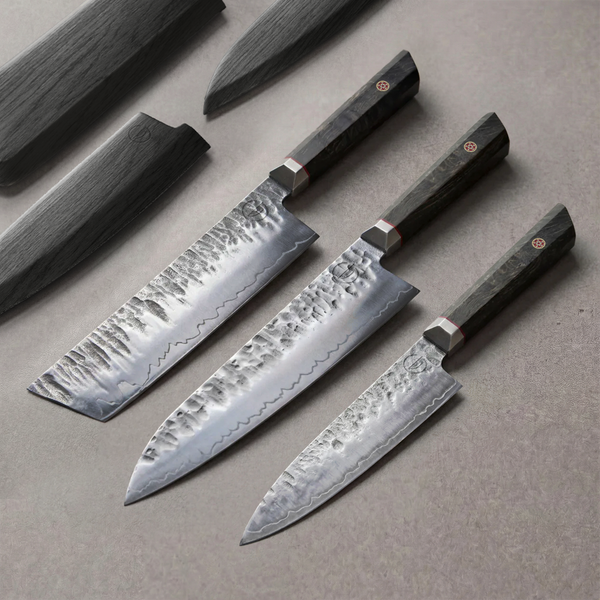 Bara Forge Trinity Set: 3 piece forged knife set with 8 inch chef, 7 inch nakiri and 6 inch utility knives