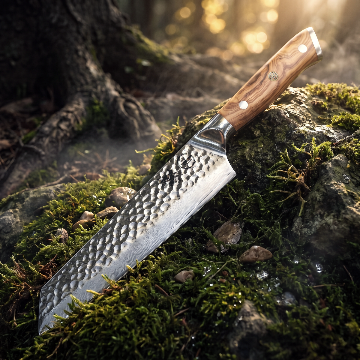 Kiritsuke knife angled k-tip and 67-layer Damascus cladding over a 10Cr15CoMoV core