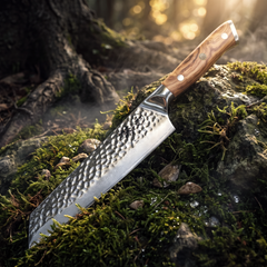 Kiritsuke knife angled k-tip and 67-layer Damascus cladding over a 10Cr15CoMoV core