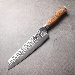 Silver Dynasty 8-inch kiritsuke knife with angled k-tip in 67-layer Damascus and olive wood burl full tang handle
