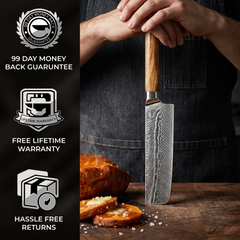 Feather Forge 7 inch nakiri chopping vegetables with 99 day money back guarantee, free lifetime warranty and hassle free returns