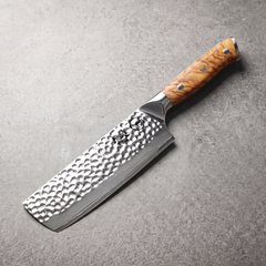 Silver Dynasty 7 inch nakiri knife, 67-layer mirror-polished Damascus with an olive burl full tang handle