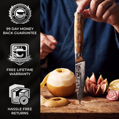 Silver Dynasty 4 inch paring knife in hand with 99 day money back guarantee, free lifetime warranty and hassle free returns
