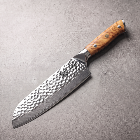 Silver Dynasty 7-inch santoku knife in 67-layer Damascus with a 10Cr15CoMoV core and olive wood burl full tang handle
