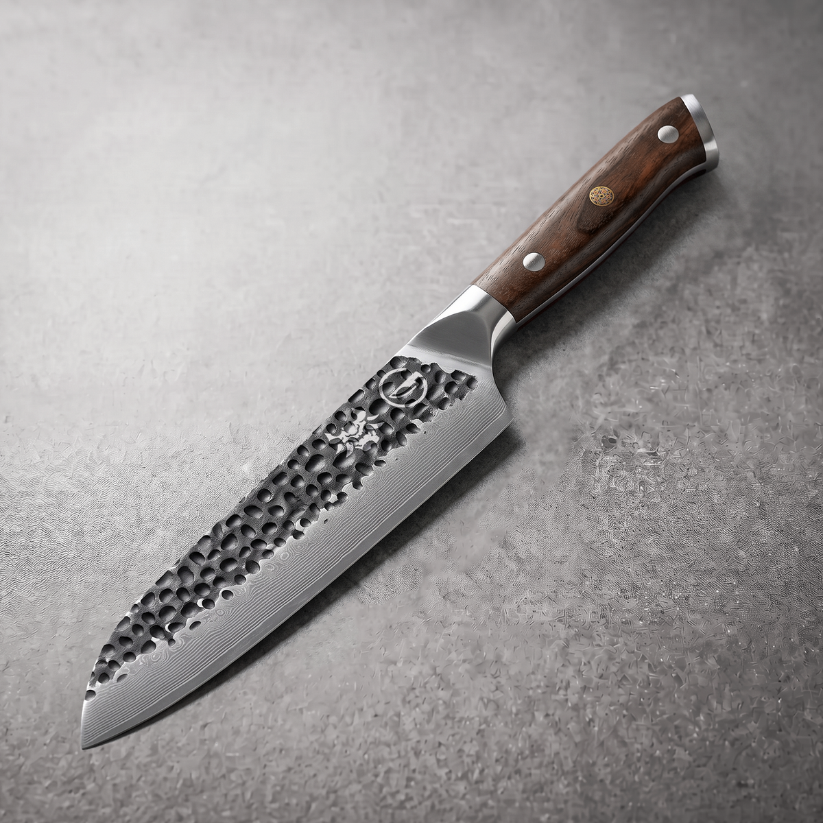 Damascus Dynasty 7-inch Japanese santoku knife in black forged 67-layer Damascus with a black walnut full tang handle