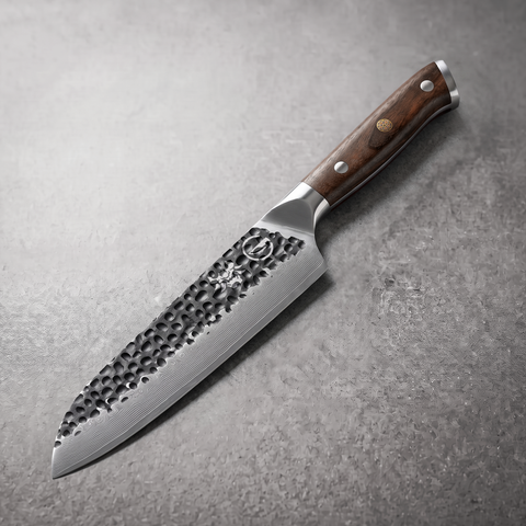 Damascus Dynasty 7-inch Japanese santoku knife in black forged 67-layer Damascus with a black walnut full tang handle