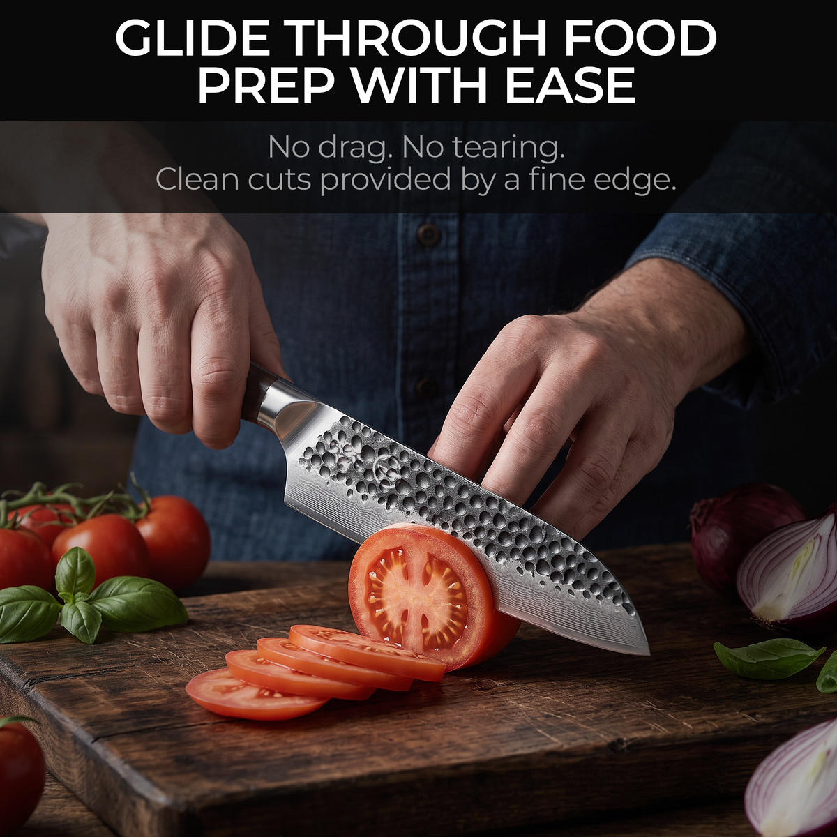 Black forged Damascus santoku blade, flat edge profile for slicing, dicing and mincing