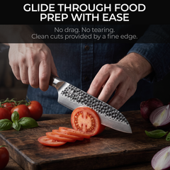 Black forged Damascus santoku blade, flat edge profile for slicing, dicing and mincing