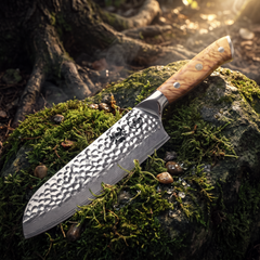 Damascus santoku knife blade showing the 67-layer pattern over the cobalt-enriched 10Cr15CoMoV core